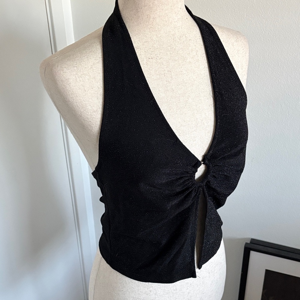 Black Sparkle Halter Knot-Front Cropped Camisole